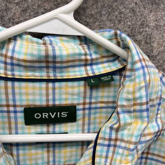 Orvis Shirt Men Large Adult White Yellow Blue Button Down Preppy Cotton Check - Picture 8 of 12
